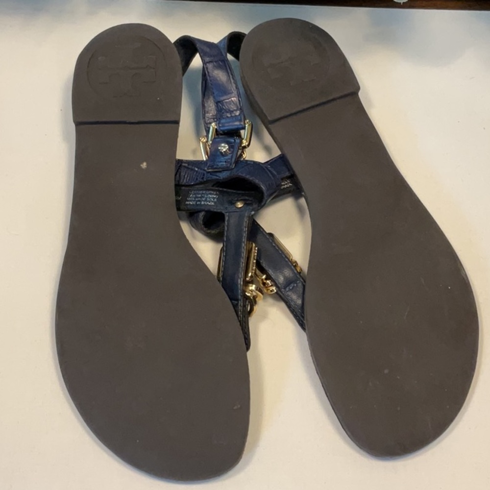 Tory Burch Blue and Gold Sandals with Textured Leather - Picture 6 of 6
